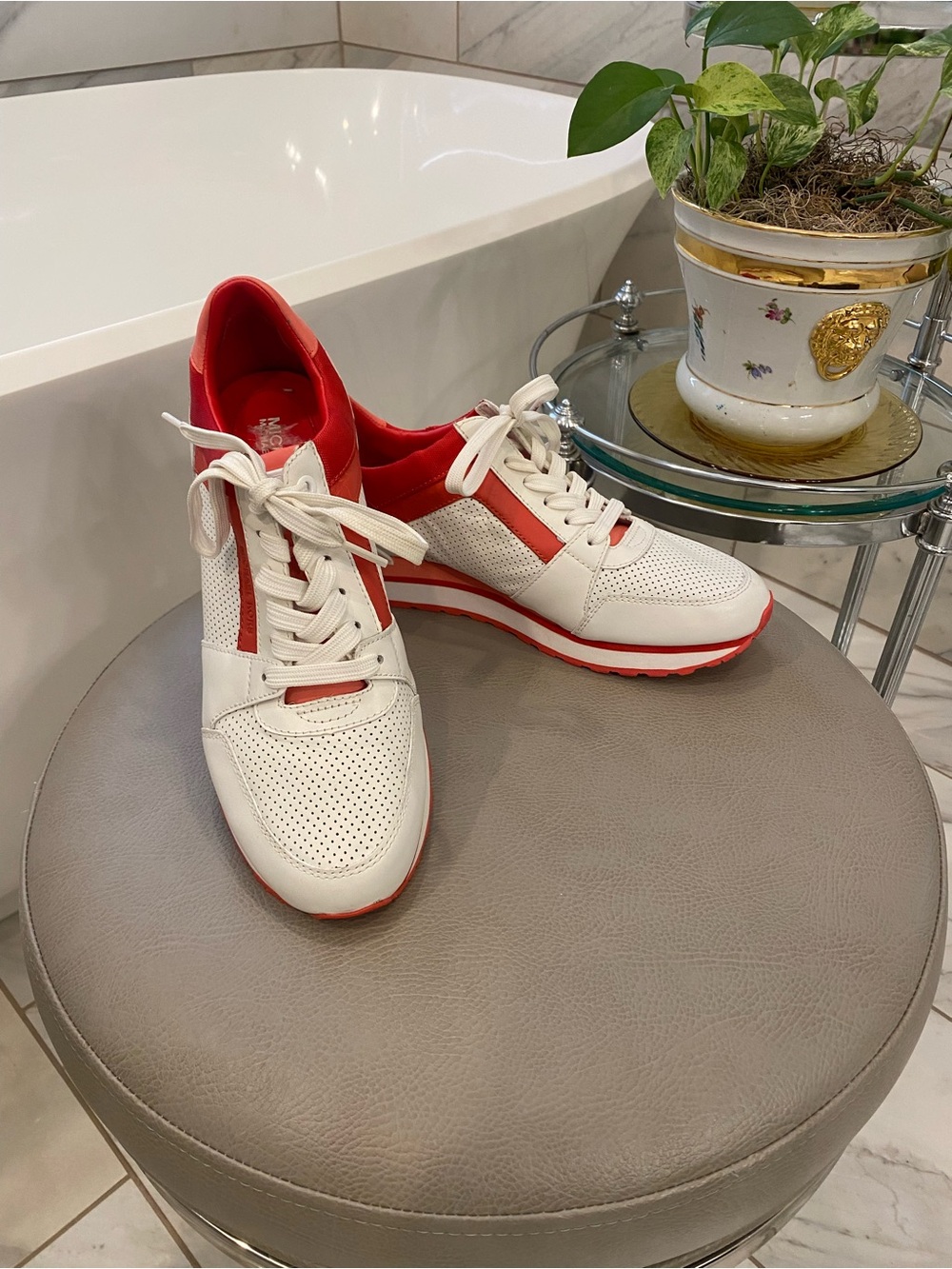 Michael Kors Billie Trainer Lace Up Sneakers Grapefruit White Red Pink Size 7.5M